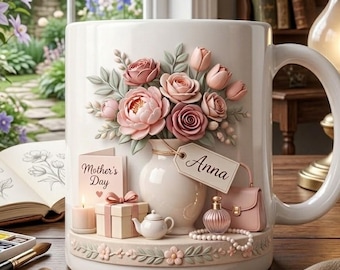Personalized Mother's Day Ceramic Mug, Custom Floral Coffee Cup, Pink Rose Gift for Mom, Elegant Tea Lover Keepsake