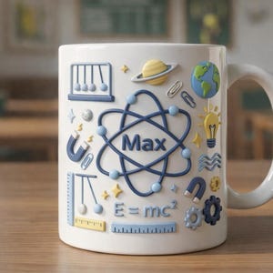 以下が含まれることがあります： 科学をテーマにしたイラストで飾られた白いセラミックマグ。原子、惑星、電球などが描かれています。「Max」という名前が大きく表示されています。マグカップは木製のテーブルの上に置かれています。