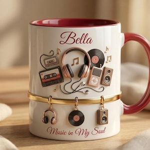 Personalized Music Lover Mug, Custom Name Ceramic Cup, Retro Headphones Vinyl Coffee Mug