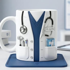 Puede incluir: Taza de cerámica blanca diseñada para parecerse a una bata de médico, completa con un estetoscopio, bolsillos e instrumentos médicos. La taza presenta un diseño de uniforme azul y el nombre "Dr. Sophia" en una etiqueta. Se encuentra sobre un posavasos cuadrado azul.