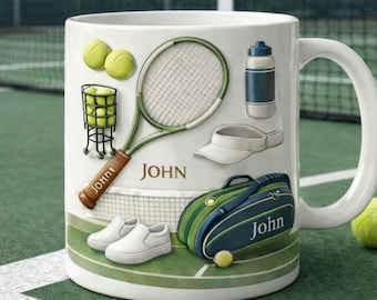 Personalisierte Tennis-Keramiktasse, benutzerdefinierte Name Sportkaffeetasse, Geschenk für Tennisspieler