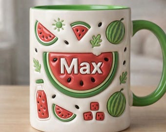Personalisierte Wassermelonen-Namenstasse, niedliches Frucht-Keramik-Trinkgefäß, individuelles Sommergeschenk mit grünem Griff