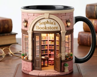 Personalized Bookstore Accent Mug, Vintage Bookshelf Library Pottery Coffee Cup, Book Lover Gift, Bookish Gifts For Reader