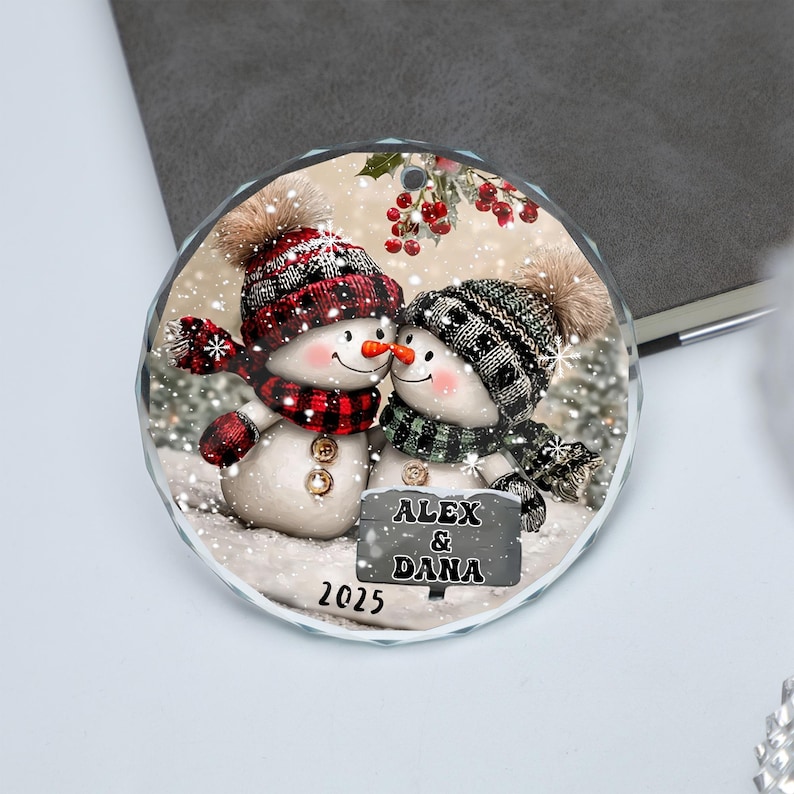 Snowman Couple Glass Ornament, Personalized Christmas Ornament for ...