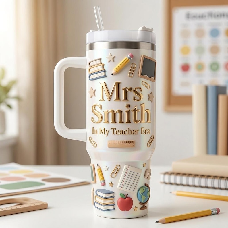May include: A white iridescent tumbler with a handle and straw featuring gold text that reads Mrs Smith In My Teacher Era. The surface is decorated with 3D-style icons including stacks of books, pencils, paperclips, a chalkboard, a ruler, and a globe.
