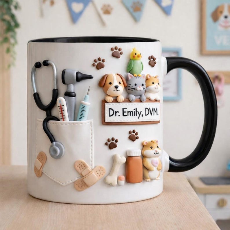 Puede incluir: Taza de cer&aacute;mica blanca con asa y borde negros, decorada con elementos 3D. Presenta un estetoscopio, herramientas m&eacute;dicas y un dise&ntilde;o de bolsillo con un perro, un gato y un h&aacute;mster. Incluye el texto "Dr. Emily, DVM".