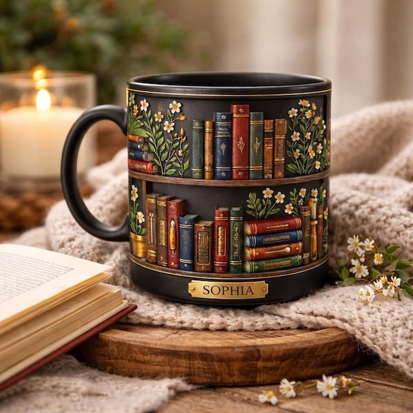 Personalized Book Lover Mug, Cozy Library Bookshelf Mug, Custom Name Coffee Cup, Literary Gift for Readers, Bookish Aesthetic Mug