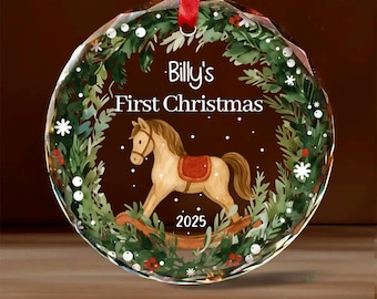 Babys erste Weihnachtsverzierung, personalisiertes Schaukelpferd-Andenken, Neugeborenen Babygeschenk, kundenspezifischer Name Weihnachtsdekor für neues Baby