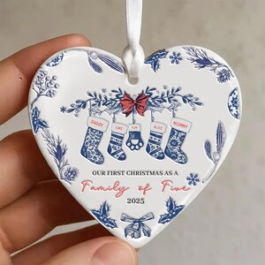 Op de afbeelding: Hartvormige kerstversiering met een witte achtergrond en blauw bloemmotief. Voorzien van kousen met de tekst "Daddy", "Luke", "Tom", "Alice" en "Mommy". De tekst luidt "Our First Christmas as a Family of Five" en "2025."