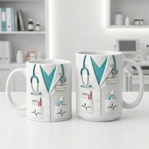 Puede incluir: Dos tazas de cer&aacute;mica blanca con un dise&ntilde;o de bata de m&eacute;dico. El dise&ntilde;o incluye un cuello en V turquesa, un estetoscopio y bolsillos con suministros m&eacute;dicos. Una taza es m&aacute;s peque&ntilde;a que la otra. El texto "Dr. L. Chen" es visible en ambas tazas.