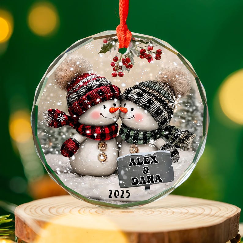 Snowman Couple Glass Ornament, Personalized Christmas Ornament for ...
