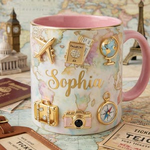 名前入りパーソナライズトラベルマグ、ワンダーラストコーヒーマグ、彼女への旅行者ギフト、カスタムワールドマップマグ、バケーションラバーマグ