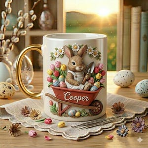 May include: A white ceramic mug with a gold handle, featuring a 3D relief of a bunny in a red wheelbarrow filled with Easter eggs and tulips. The mug has the name "Cooper" on it and is decorated with daisies.