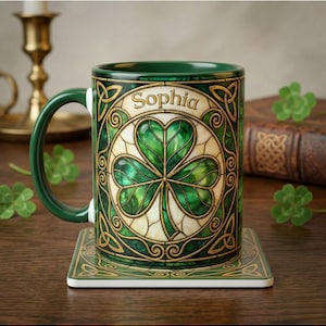 May include: A green ceramic mug and matching coaster set featuring a stained-glass style shamrock design. The mug has the name "Sophia" in gold lettering. The handle and rim are dark green, and the coaster has a matching border.