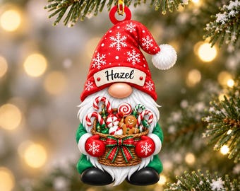Personalized Xmas Gnome Christmas Ornament, Custom Name Keepsake, Cute Gnome Gift, Whimsical Holiday Decor, Christmas Tree Hanging Ornament