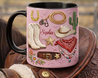 Personalized Cowgirl Mug, Western Cowgirl Coffee Mug, Cute Pink Cowboy Design Ceramic Cup, Gift for Cowgirl Lovers