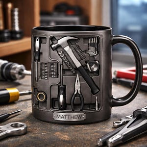 K&ouml;nnte beinhalten: Eine dunkelgraue Keramiktasse mit Werkzeugkasten-Design, die verschiedene Werkzeuge wie Hammer, Schraubendreher und Zangen zeigt. Die Tasse hat einen schwarzen Griff und der Name "MATTHEW" ist auf einer kleinen Platte eingraviert. Die Tasse ist als Werkzeugkasten gestaltet.