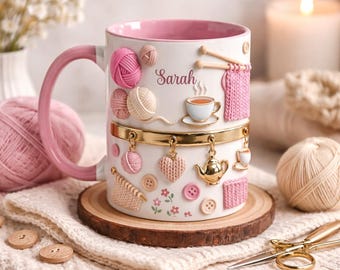 Personalisierte Strickbecher, gemütliche gehäkelte Kaffeetasse, rosa handgemachte Tasse, Garn-Liebhaber-Geschenk, süße individuelle Namenstasse