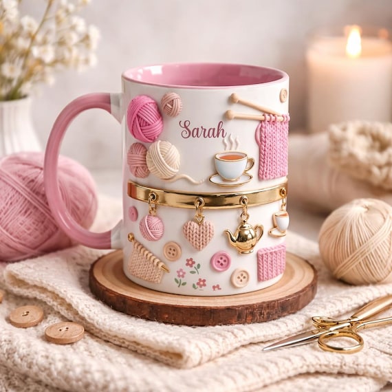 Personalized Knitting Mug, Cozy Crochet Coffee Cup, Pink Handmade Style Mug, Yarn Lover Gift, Cute Custom Name Mug