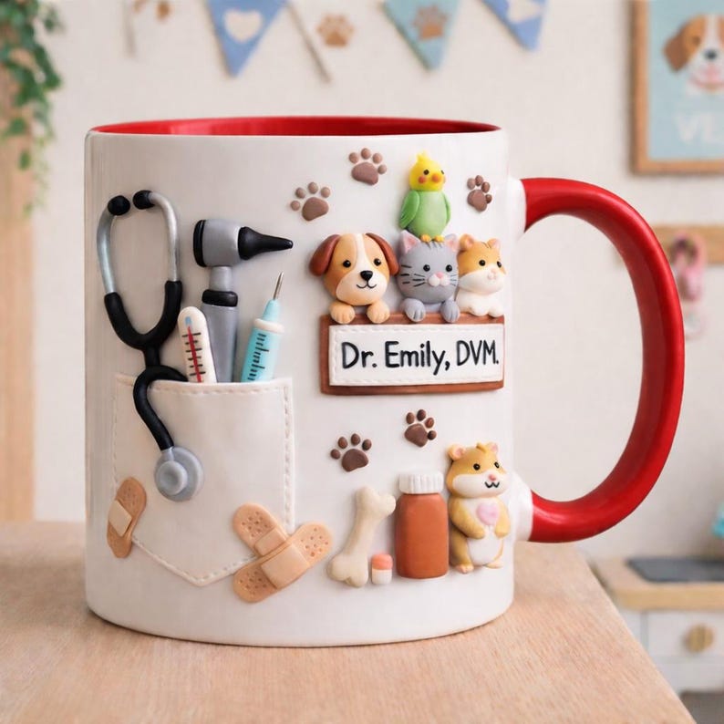 Puede incluir: Taza de cer&aacute;mica blanca con interior y asa rojos, decorada con elementos veterinarios. Cuenta con un estetoscopio, una jeringa y figuras de animales, incluyendo un perro, un gato y un h&aacute;mster. La taza tiene el texto "Dr. Emily, DVM".