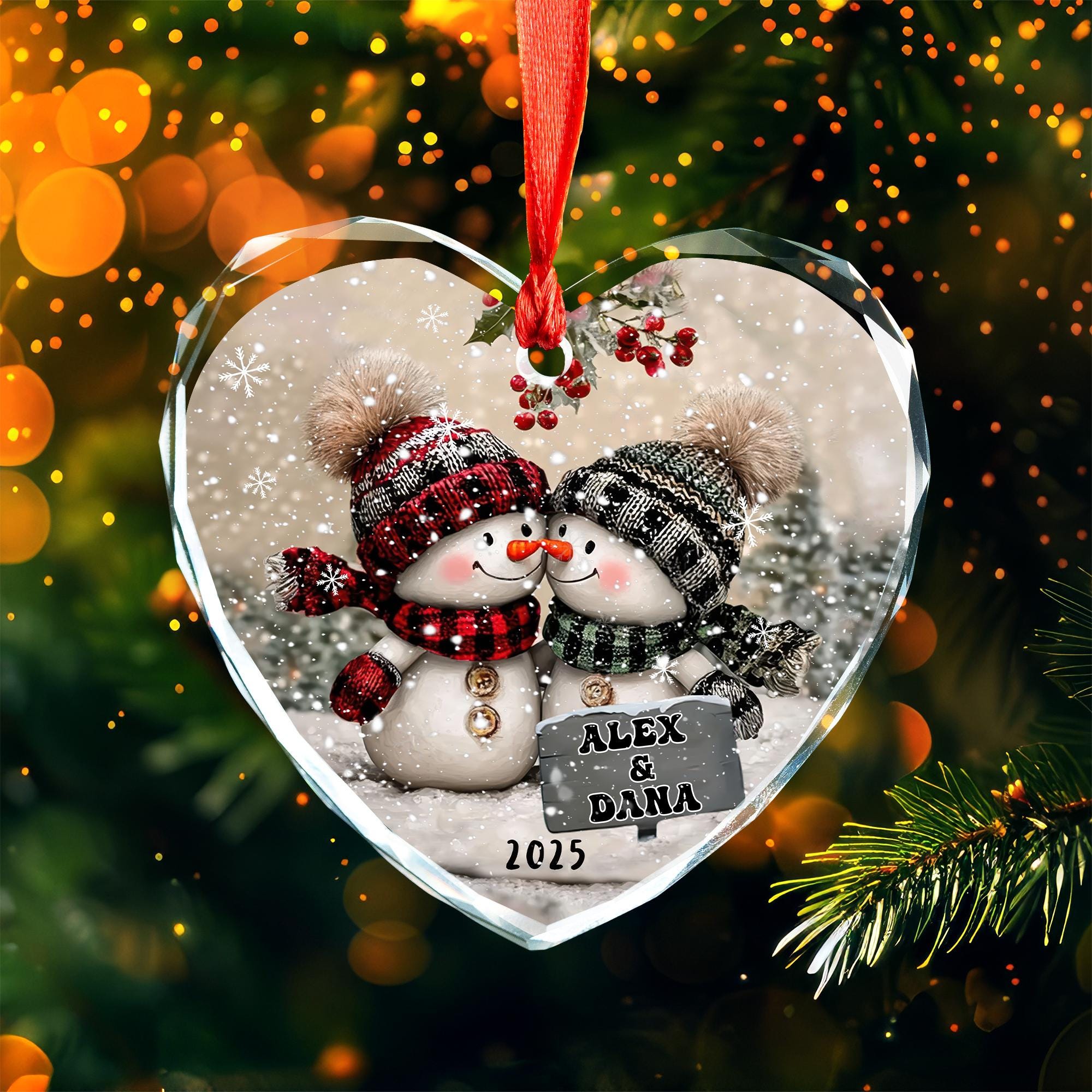 Snowman Couple Glass Ornament, Personalized Christmas Ornament for ...