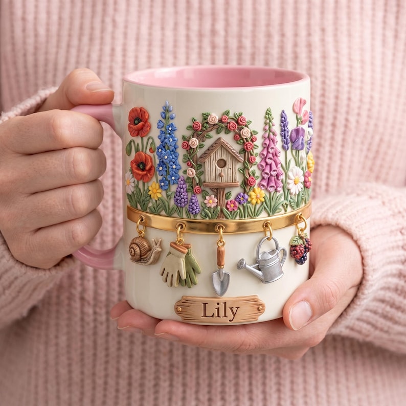 May include: Cream-colored ceramic mug with a pink interior and handle, featuring a garden-themed design. The mug is adorned with 3D sculpted flowers, a birdhouse, and hanging charms. The name "Lily" is inscribed on a small plaque.