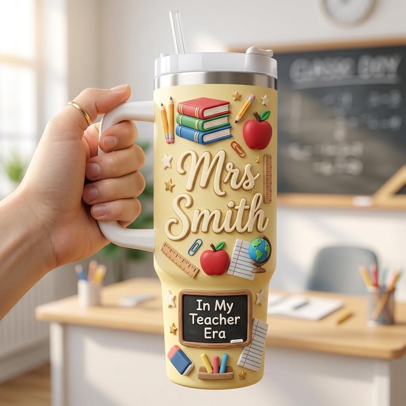 May include: A yellow insulated tumbler with a white handle and lid featuring a straw. The design includes stacked books, pencils, apples, a globe, a ruler, and a chalkboard graphic with the text "Mrs. Smith" and "In My Teacher Era."
