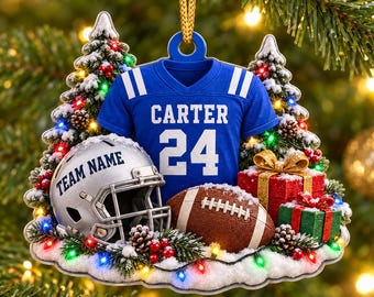 Personalized Football Ornament, Custom Jersey & Helmet Keepsake, Football Fan Gift, Gridiron Christmas Decor, Holiday Tree Hanging Ornament