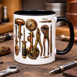 Personalisierte Werkzeug Tasse, Mechaniker Kaffeetasse, Handyman Geschenk, Werkstattbecher mit individuellem Namen, DIY Werkzeuge Illustration Tasse Bild 6