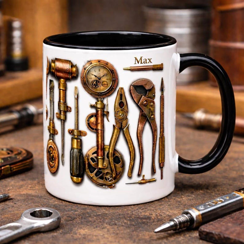 Personalisierte Werkzeug Tasse, Mechaniker Kaffeetasse, Handyman Geschenk, Werkstattbecher mit individuellem Namen, DIY Werkzeuge Illustration Tasse Bild 6