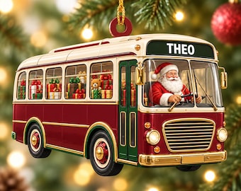Personalized Santa Bus Ornament, Custom Bus Keepsake, Funny Christmas Gift, Bus Driver Holiday Decor, 2D Flat Christmas Tree Hanging