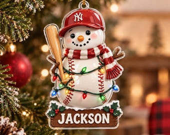 Personalized Baseball Snowman Christmas Ornament – Custom Baseball Player Gift, Baseball Fan Keepsake, Sports Christmas Ornament