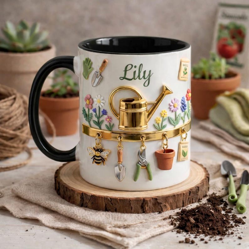 May include: A white ceramic mug with a black handle and rim, decorated with gardening-themed charms. The mug features a golden watering can, a bee, and miniature gardening tools. The name "Lily" is written on the front, with colorful flowers around the mug.