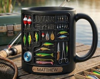 Personalized Fishing Mug, Custom Name Fishing Coffee Mug, Fisherman Gift for Him, Fishing Tackle Mug, Fishing Lover Cup