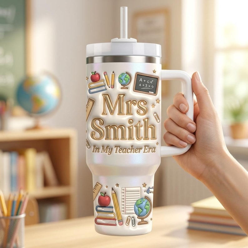 May include: A white iridescent tumbler with a handle and straw featuring the text Mrs. Smith In My Teacher Era. The design includes embossed graphics of books, pencils, a globe, a chalkboard with math equations, and a ruler in various colors.