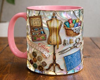 Personalized Sewing Mug, Custom Name Tailor Coffee Cup, Dressmaker & Fashion Design Tools, Vintage Craft Aesthetic, Gift for Sewers