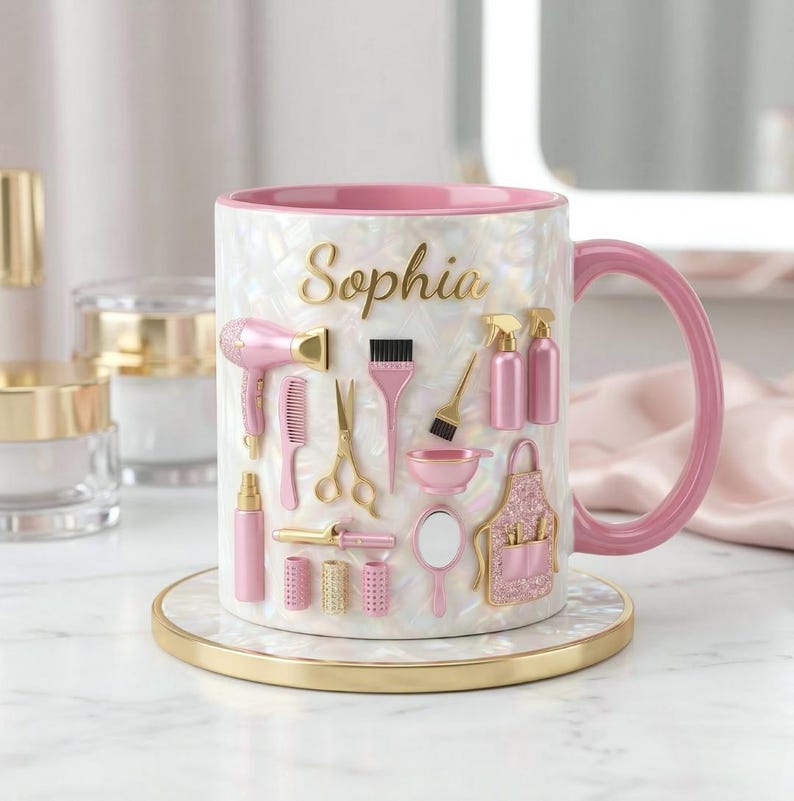 May include: A white and pink coffee mug with the name "Sophia" in gold script. The mug is decorated with pink and gold hair styling tools. It sits on a matching coaster with a gold rim.