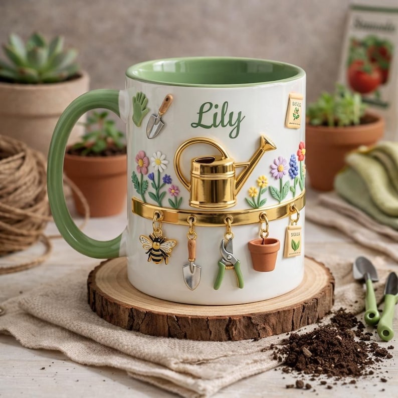 May include: White ceramic mug with a green handle and rim, decorated with gardening-themed charms and the name "Lily". Features a gold watering can, flowers, a bee, and miniature gardening tools. The mug sits on a wooden slice.