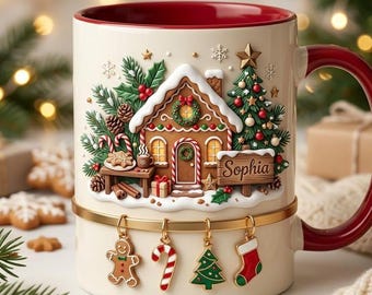 Personalized Christmas Village Ceramic Mug, Custom Winter Gingerbread Cottage Drinkware, Festive Cocoa Cup