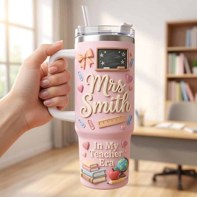 May include: A light pink tumbler with a handle and lid featuring 3D-style decorations including a chalkboard, a bow, hearts, paperclips, a ruler, a stack of books, a globe, an apple, and a pencil. The text reads Mrs Smith and In My Teacher Era.