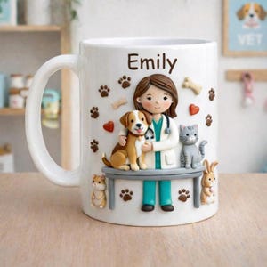 Puede incluir: Taza de cer&aacute;mica blanca con tem&aacute;tica veterinaria, con el nombre "Emily". La taza presenta un dise&ntilde;o 3D de un veterinario con un perro, un gato y un conejo. Huellas de patas, corazones y huesos decoran la taza.