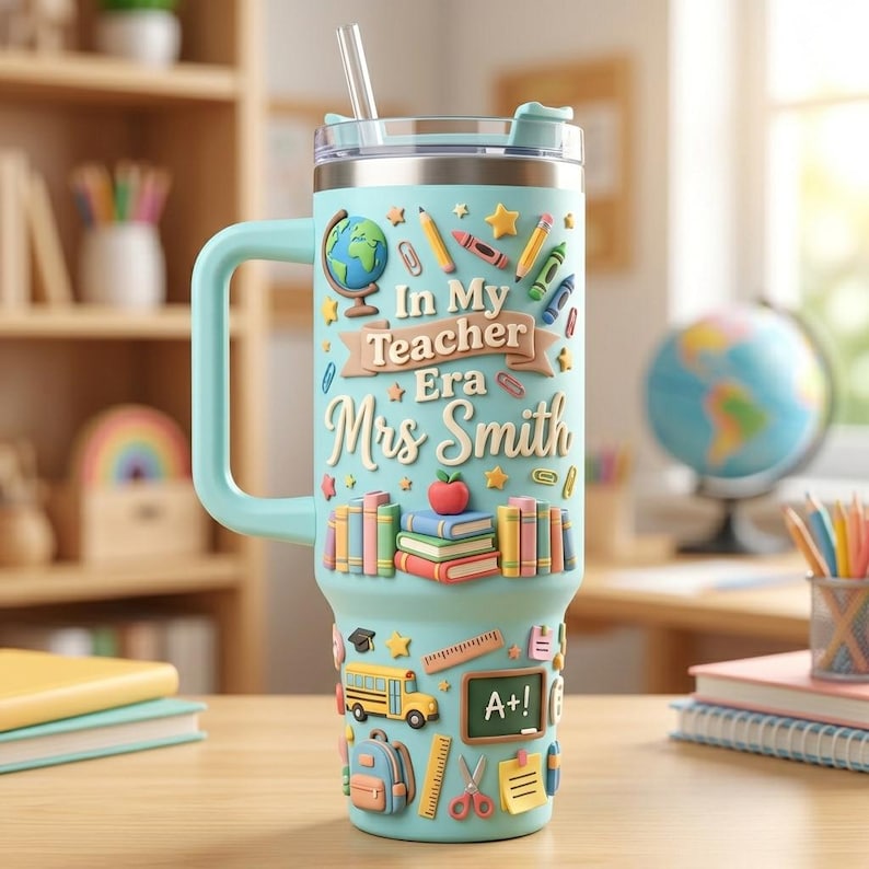 May include: A light blue insulated tumbler with a handle and straw, featuring the text In My Teacher Era Mrs Smith. The design includes 3D-style graphics of a globe, books, an apple, a school bus, a chalkboard with A+, a backpack, and school supplies.