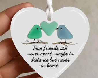 True Friends Birds Sea Glass Ornament, Personalized Ceramic Keepsake for BFF, Long Distance Friendship Gift, Christmas Decoration for Bestie