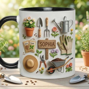 May include: White ceramic mug with a black handle and rim, decorated with gardening tools, flowers, and the name "Sophia" on a wooden sign. The mug features a trowel, gloves, and a watering can. The background includes potted plants and gardening tools.