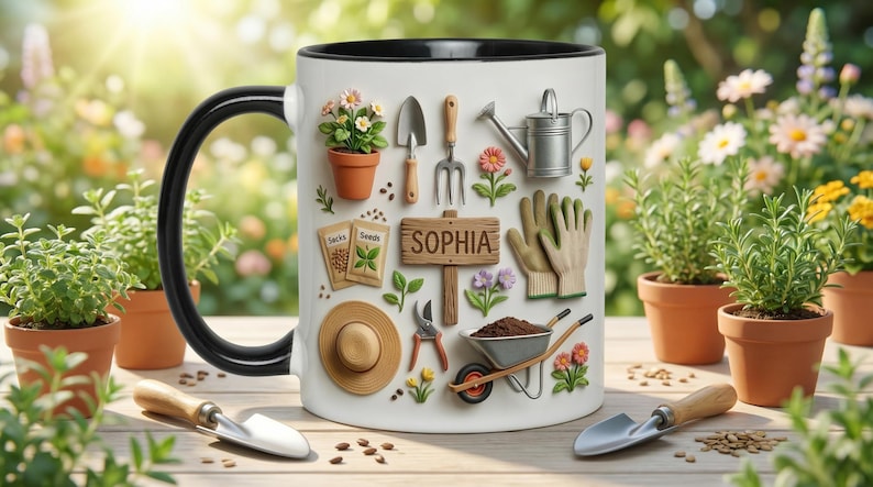 May include: White ceramic mug with a black handle and rim, decorated with gardening tools, flowers, and the name "Sophia" on a wooden sign. The mug features a trowel, gloves, and a watering can. The background includes potted plants and gardening tools.