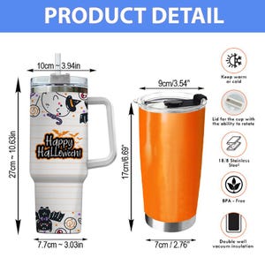 May include: A white tumbler with a handle, straw, and Halloween graphics measuring 10cm/3.94in wide and 27cm/10.63in high, alongside an orange tumbler measuring 9cm/3.54in wide and 17cm/6.69in high. Both feature lids and vacuum insulation.