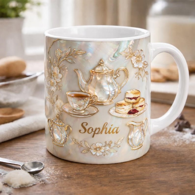 May include: White ceramic mug with a pearlescent finish, featuring embossed gold-colored tea party details. The design includes a teapot, teacup, scones, and the name "Sophia". The mug has a white handle.