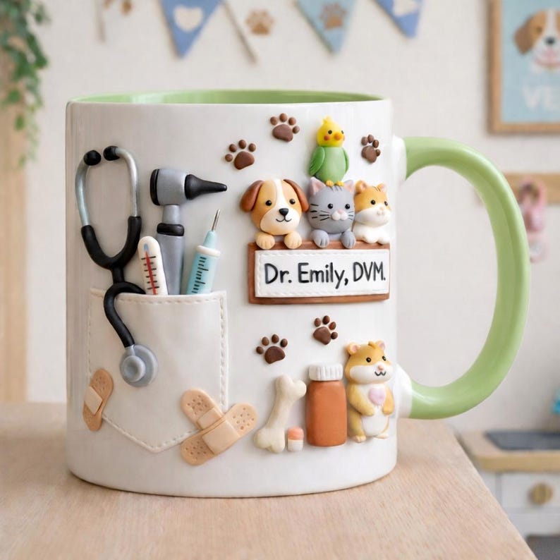 Puede incluir: Taza de cer&aacute;mica blanca con asa e interior verdes. La taza presenta un dise&ntilde;o de bolsillo con estetoscopio, term&oacute;metro y jeringa. Adornada con huellas de patas, un perro, un gato, un h&aacute;mster y el texto "Dr. Emily, DVM."