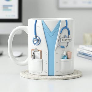 Puede incluir: Taza de cer&aacute;mica blanca dise&ntilde;ada para parecerse a una bata de m&eacute;dico, completa con un estetoscopio azul, un portapapeles y un bolsillo con una botella peque&ntilde;a y una toalla. El nombre "Dr. Sarah" est&aacute; impreso en una etiqueta.
