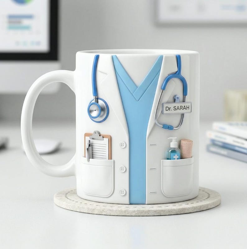 Puede incluir: Taza de cer&aacute;mica blanca dise&ntilde;ada para parecerse a una bata de m&eacute;dico, completa con un estetoscopio azul, un portapapeles y un bolsillo con una botella peque&ntilde;a y una toalla. El nombre "Dr. Sarah" est&aacute; impreso en una etiqueta.